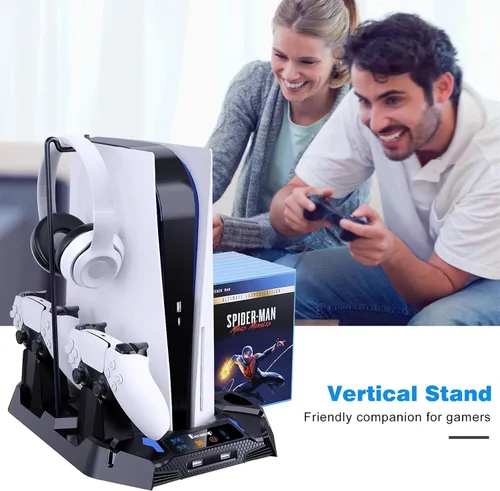 Vista 7 de Soporte para PS5 con 2 estaciones de refrigeración y estación de carga de doble controlador para consola PS5, edición digitaldisco, accesorios