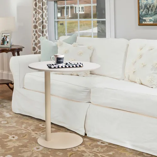 Vista 2 de Mesa auxiliar de sofá con parte superior de mármol, base de hierro robusta con elegante diseño redondo para sala de estar y dormitorio, fácil