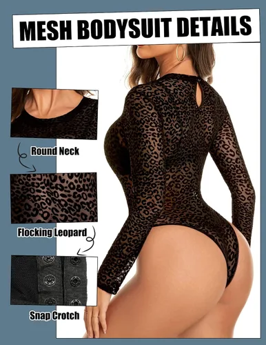 Vista 2 de Avidlove Body de malla de manga larga para mujer, con cuello redondo, con estampado geográfico, con entrepierna a presión