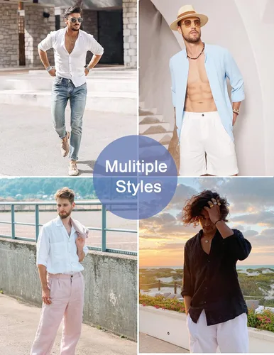 Vista 7 de COOFANDY Camisa de lino para hombre, manga larga, ajuste regular, con botones, informal, para la playa, sin cuello