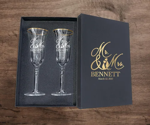 Vista 55 de Juego de 2 copas de champán personalizadas para boda grabadas con caja - Bride & Groom's Wedding Toast