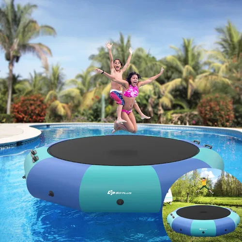 Vista 2 de Goplus - Trampolín inflable de agua de 10 pies, 12 pies, 15 pies, rebotador acuático recreativo con inflador eléctrico, escalera de cuerda, cuerdas