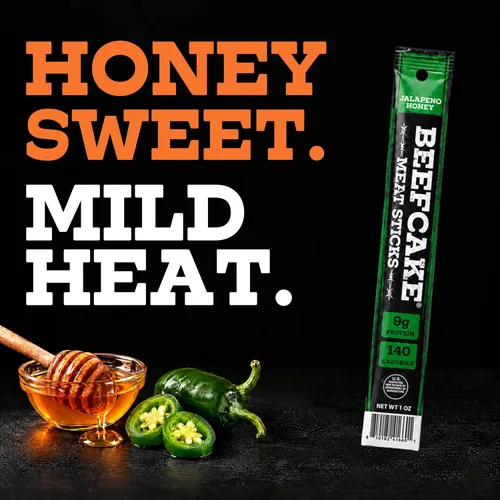 Vista 2 de Beefcake Jerky Barras de carne seca de jalapeño y miel, bocados proteicos de calor dulce, 9g de proteína, 3 barras