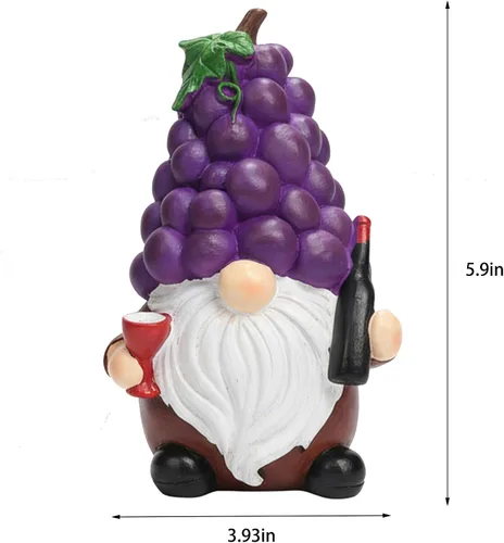 Vista 2 de Etlemonde Divertida estatua de gnomo de jardín caprichosa, decoración de resina en forma de uva de 5.9 pulgadas con botella de vino y vidrio, adorno