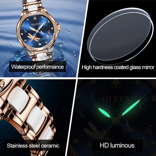 Vista 3 de OLEVS Relojes para mujer, mecánico automático, cuerda automática, oro rosa, reloj de mujer, vestido de diamante, pulsera de cerámica, impermeable
