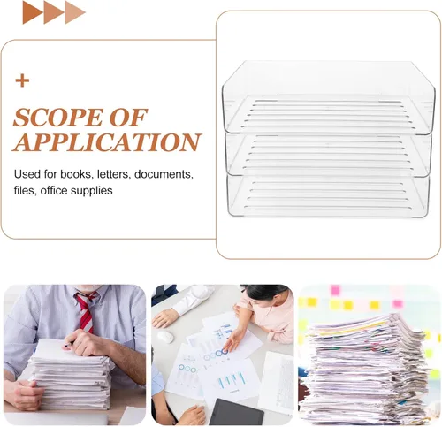 Vista 3 de Bandeja organizadora de escritorio apilable para papel y archivos, soporte ancho transparente para documentos que ahorra espacio, estante
