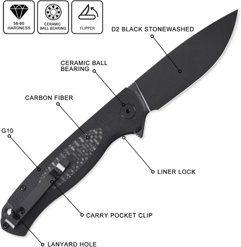 Vista 2 de Petrified fish PFB03 Stamp 3.58" D2 Cuchillo plegable de bolsillo con hoja Negro G10 con mango de fibra de carbono, clip de bolsillo, bloqueo