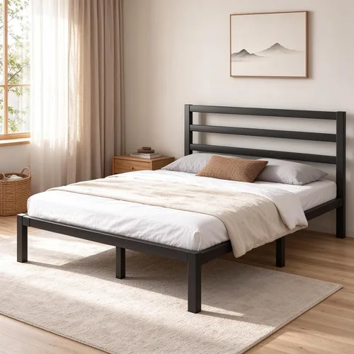 Vista 10 de LoVinson Marco de cama de metal tamaño Queen con cabecero, listones de metal, color blanco