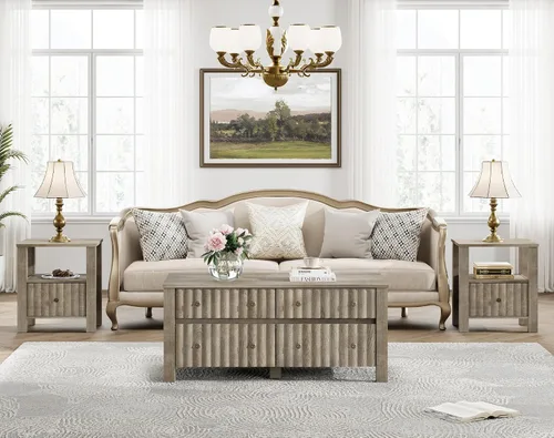 Vista 8 de WAMPAT Paquete de 2 mesas auxiliares modernas, mesa auxiliar rectangular con cajones de almacenamiento deslizantes, mesa central con patas de madera