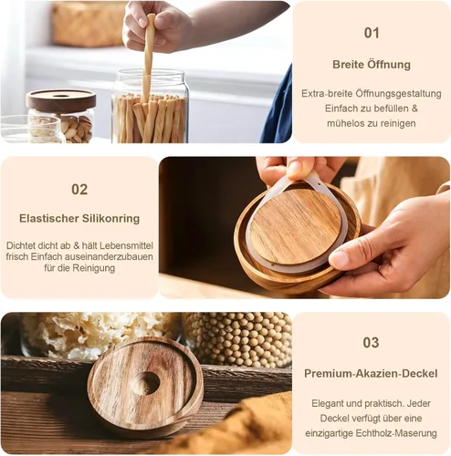 Vista 3 de Tarros de vidrio con tapas de madera herméticas – Mini recipientes de almacenamiento de despensa de cocina de 11 onzas, recipientes decorativos 12