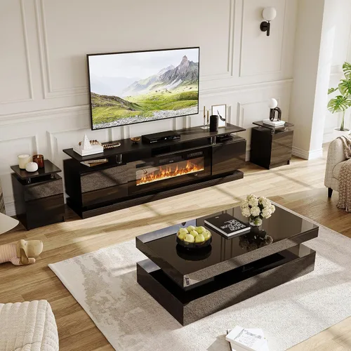 Vista 9 de 2 Piece Modern Table Set Includes 70" Fireplace TV Stand & 47" Coffee Table with Charging Station and USB Ports, for Living Room, Black
