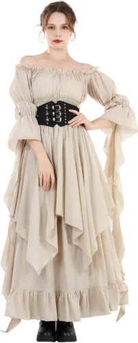 Vista 4 de Vestido renacentista para mujer, vestido victoriano, vestido de novia de Beige