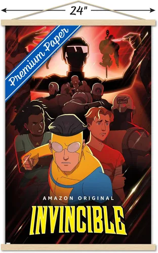 Vista 3 de Trends International Invincible - Póster de pared rojo de una hoja, 22.37 x 34.00 pulgadas, paquete de impresión premium y colgador de madera de haya