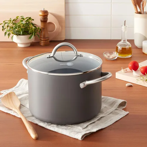 Vista 4 de GreenPan Lima - Olla antiadherente de cerámica anodizada dura de 8 cuartos con tapa, sin PFAS, apta para horno, gris