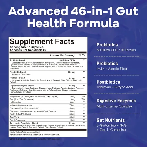 Vista 2 de Migcopat Probiótico Prebiótico, Postbiótico y Enzimas Digestivas para la Salud Digestiva, 80 Mil Millones de UFC Probióticos Soporte Intestinal