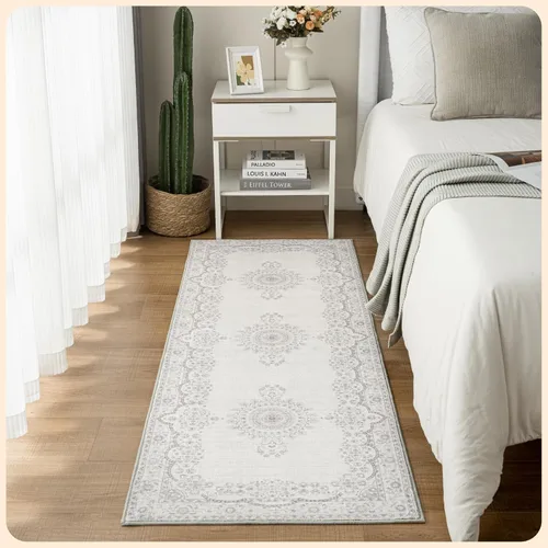 Vista 37 de Istana Alfombra larga antideslizante de 2.5 x 8 para el hogar, para pasillo y cocina, lavable, sedosa y suave al tacto, elegante, color azul y marfil