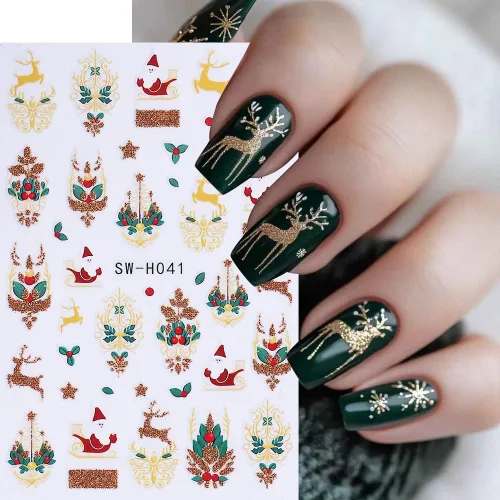 Vista 3 de Calcomanías de uñas de Navidad, calcomanías de uñas de invierno 3D, autoadhesivas, coloridas, cadena de luces, árbol de Navidad, reno, diseño
