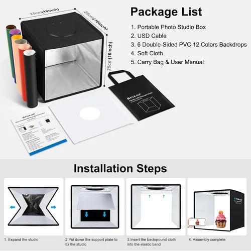 Vista 6 de PULUZ Mini caja de luz de estudio fotográfico de 10 x 10 pulgadas, kit de carpa de luz de fotografía plegable portátil con CRI >95 104 piezas de luz