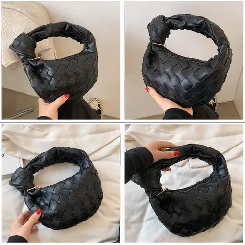 Vista 4 de Bolso tejido de piel sintética suave para mujer, hecho a mano, bolso de hombro tejido, con nudos, casual, para el verano, Negro