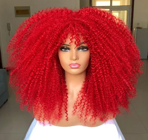 Vista 9 de Sweece - Peluca afro larga y rizada con flequillo para mujeres negras, peluca de cabello rizado de 17 pulgadas (17 pulgadas, negro)