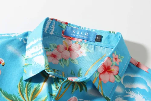 Vista 3 de SSLR Camisa hawaiana para niños grandes, camisa hawaiana para niños, camisa de flamencos, camisa Luau de manga corta para niños
