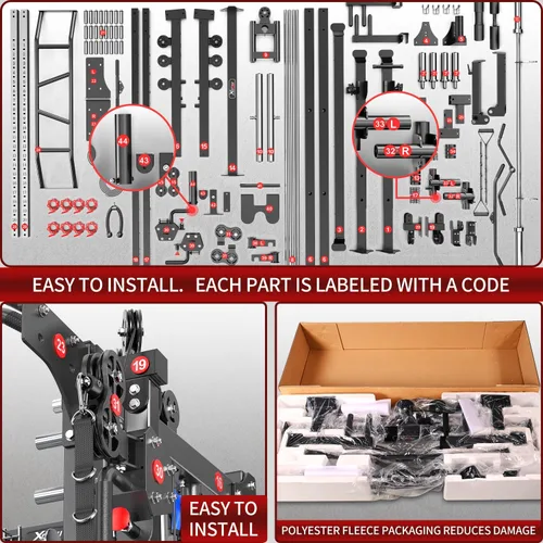 Vista 10 de XGSW Smith Machine Gimnasio en casa, jaula de potencia multifunción con sistema cruzado de cable de polea doble, estante para sentadillas