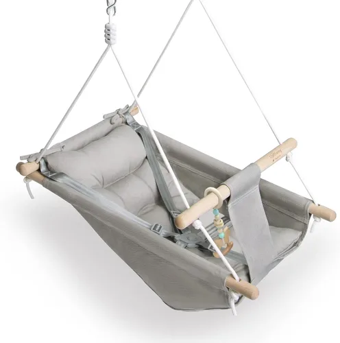 Vista 7 de Columpio para bebé interior y exterior, hamaca de lona para bebé a niño pequeño con asiento cómodo, juguete de madera Macaroon, arnés ajustable de 5