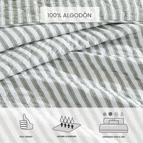 Vista 5 de Stone Cottage - Juego de edredón de tamaño individual, ropa de cama reversible de algodón con fundas de almohada a juego, juego de cama ideal a Verde