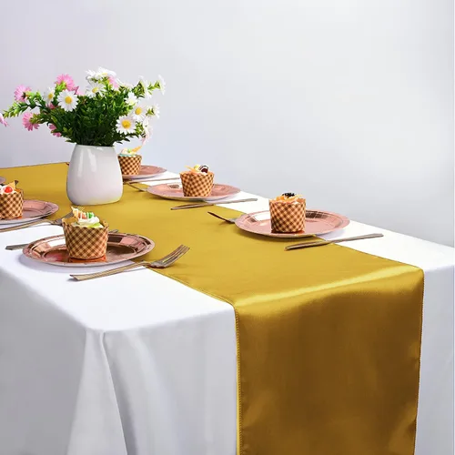 Vista 7 de Paquete de 20 caminos de mesa dorados de satén de 12 x 108 pulgadas de largo para bodas, decoraciones para fiestas de cumpleaños, banquetes