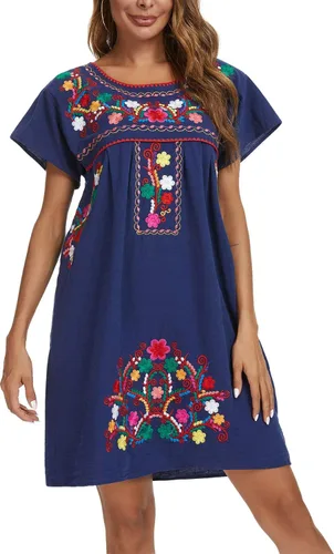 Vista 4 de YZXDORWJ - Vestido mexicano bordado de manga corta para mujer