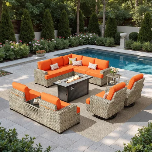Vista 41 de HOOOWOOO Juego de muebles seccionales de patio con mesa de luz solar, 6 piezas de mimbre para exteriores, sofá en forma de L, juego de conversación