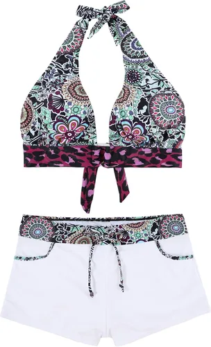 Vista 5 de Zando Traje de baño de dos piezas para mujer, traje de baño atlético con push up, traje de baño con pantalones cortos, traje de baño deportivo