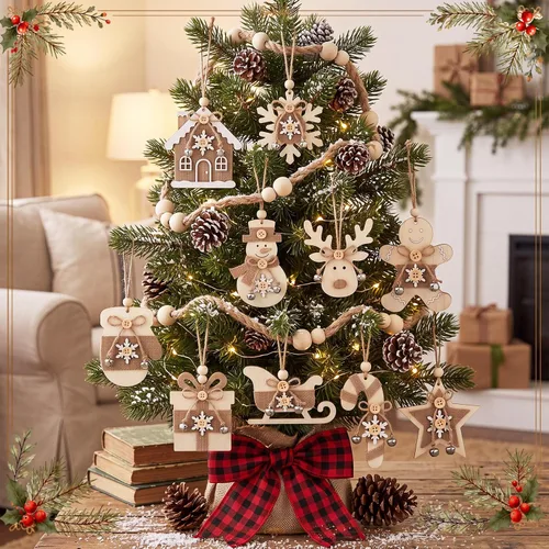 Vista 2 de Soaoo 20 adornos rústicos de madera de Navidad para árbol de arpillera