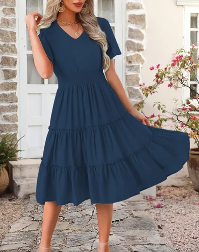 Vista 2 de Zattcas Vestidos de otoño de manga larga 2023 para mujer, cuello en V, cintura fruncida, casual, fluido, acampanado, vestido midi de trabajo
