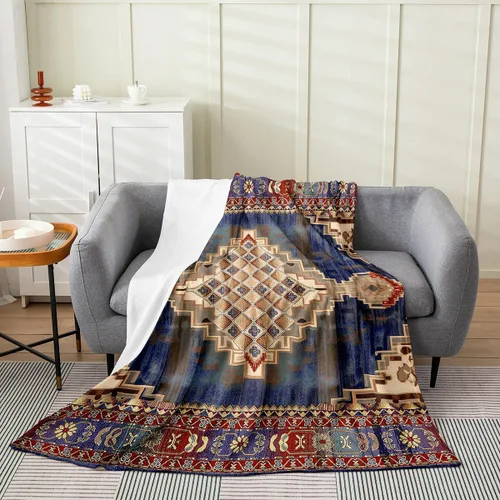 Vista 15 de Erosebridal Manta Bohemia de Tiro 40x50 Pulgadas, Retro Azul Amarillo Degradado Rojo Floral Bohemio Tribal de Vellón, Vintage Antiguo Enrejado