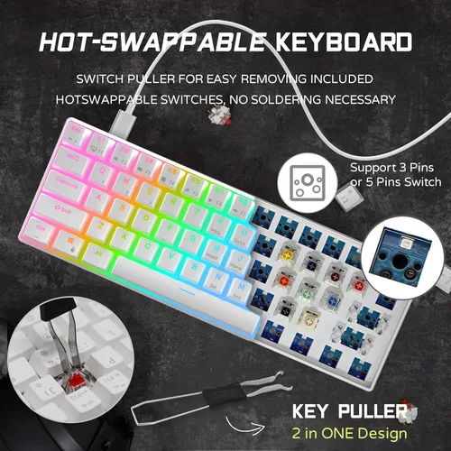 Vista 3 de RK ROYAL KLUDGE RK61 Teclado mecánico con cable 60% para juegos programable QMKVIA RGB retroiluminado 61 teclas ultra compacto intercambiable