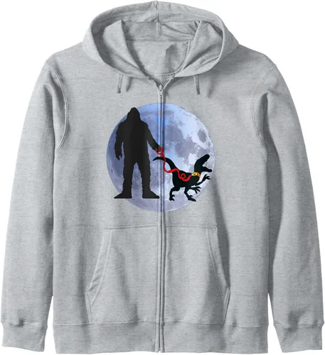 Vista 3 de Bigfoot Dinosaur Sasquatch Raptor Bigfoot Pet Dino on Leash Zip Hoodie Azul Marino