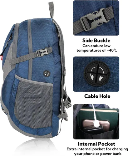 Vista 4 de WATERFLY Mochila de senderismo ligera y plegable, paquete de día 30L azul