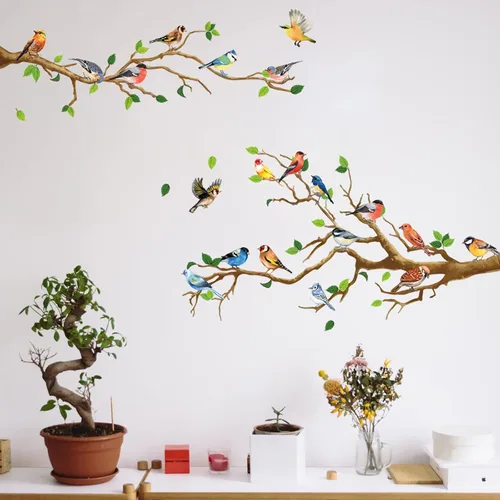Vista 3 de Maydahui Vinilo adhesivo de pared con diseño de pájaros en ramas de árbol (34 x 34 pulgadas) removible para despegar y pegar, murales artísticos
