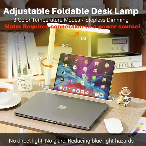 Vista 2 de Escritorio para computadora portátil para cama con luz de escritorio LED, mesa ajustable para tableta con patas plegables, cajón de almacenamiento