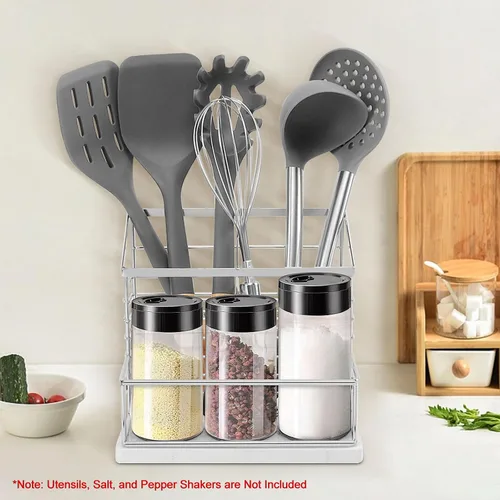 Vista 2 de Soporte para utensilios para encimera de cocina, soporte de utensilios de metal para saleros y pimenteros para encimera de cocina, almacenamiento