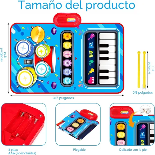 Vista 4 de Juguetes de bebé para niños de 1 año: Alfombra musical para bebés Juguetes para niños pequeños de 1 a 2 años - Piano y tambor de 2 en 1 Alfombra