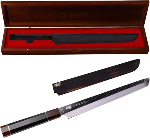 Vista 7 de Cuchillo Sakimaru de la Serie Prestige con Funda de Nogal, Hoja de Acero Damasco Japonés SKD11, Mango Octagonal de Madera de Ébano, Cuchillo