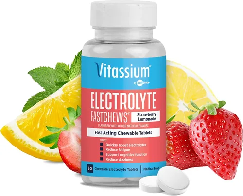 Vista 7 de Vitassium FastChews con electrolitos para reabastecimiento de sodio y potasio, botella de 60 comprimidos FastChews, Fruit Punch