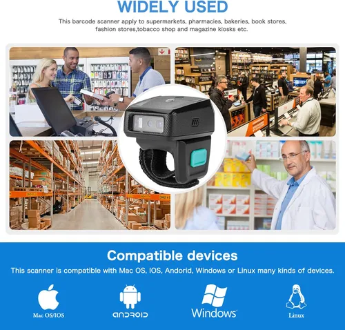 Vista 6 de NETUM Escáner de código de barras con anillo QR 2D Bluetooth, mini lector de códigos de barras portátil con base de carga y memoria incorporada