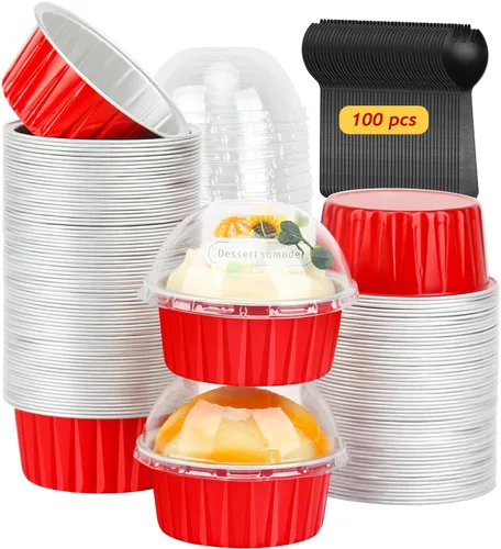 Vista 15 de LNYZQUS Mini moldes para hornear pasteles de 5 oz con tapas, paquete de 100, moldes desechables de aluminio para cupcakes, moldes pequeños