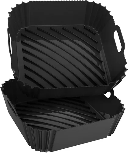 Vista 9 de Paquete de 2 forros de silicona reutilizables para freidora de aire de 7.1 pulgadas, forros cuadrados para freidora de aire de 4 a 7 cuartos de Negro