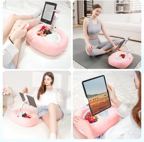 Vista 2 de Soporte de almohada para tableta, soporte ajustable para Kindle con 2 cuencos para aperitivos, soporte ajustable para iPad de 360° para cama