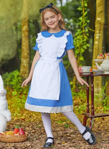 Vista 2 de BesserBay Vestido azul de Halloween con ribete de volantes y lazo en la cintura con delantal blanco de 4 a 12 años
