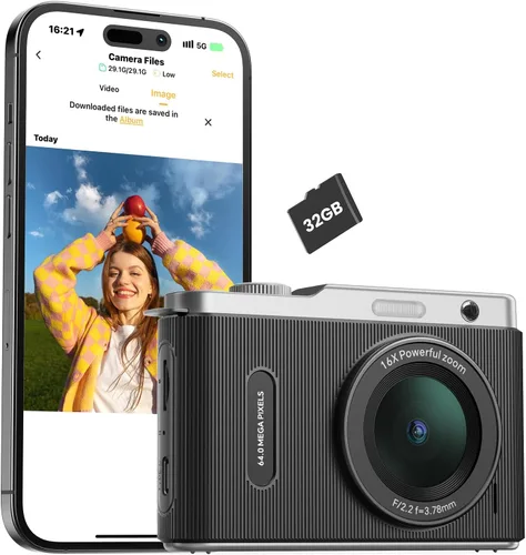 Vista 9 de Cámara digital para niños con lente dual de conmutación, 64MP 4K Point and Shoot Cámara con tarjeta de 32 GB, zoom 16X antivibración, cámaras